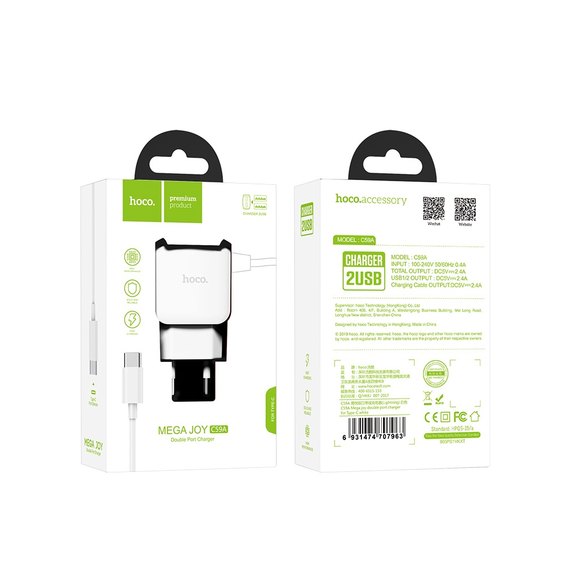 Зарядное устройство Hoco Lightning cable Mega Joy C59A  2USB, 2.1A White (000003385), изображение 5