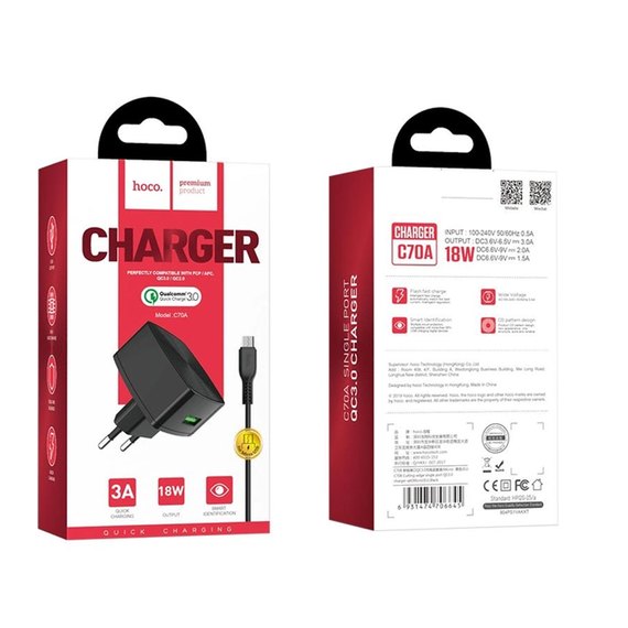 Зарядний пристрій Hoco Micro USB cable Cutting-edge c70a 1USB, QC3.0, 3A Black (000003390), зображення 11