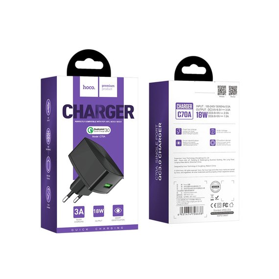 Зарядний пристрій Hoco Type-C cable Cutting-edge c70a 1USB, QC3.0, 3A Black (000003300), зображення 7