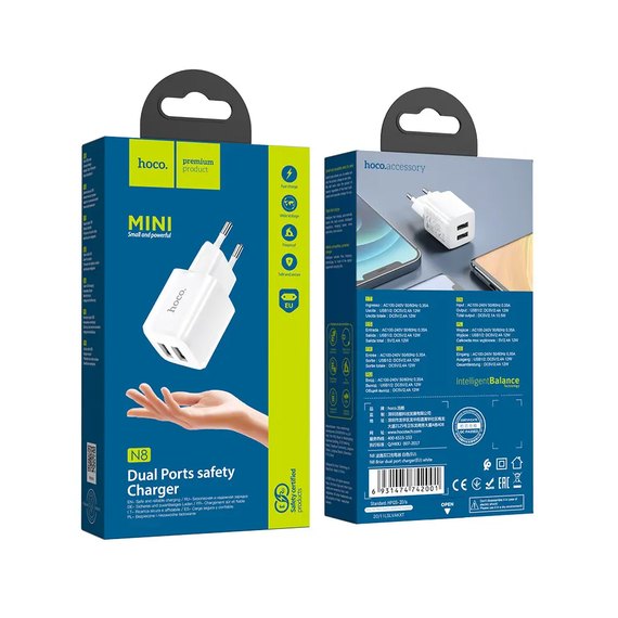 Зарядний пристрій Hoco Briar dual port charger N8 2USB, 2.4A Safety Certified White (000006989), зображення 4