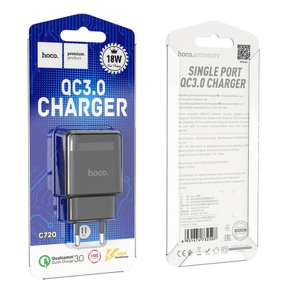 Зарядное устройство Hoco Glorious single port charger C72Q 1USB, QC3.0/FCP/AFC, 3A, 18W Black (000006441), Цвет: Black, изображение 3