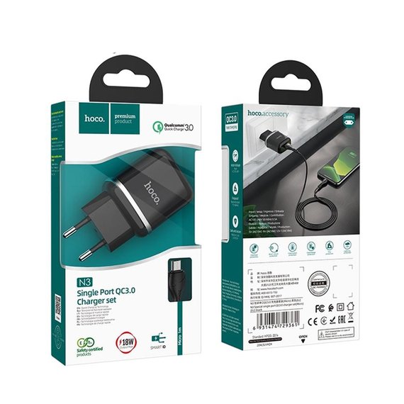 Зарядное устройство Hoco Micro USB Cable Special FCP, AFC N3 1USB, 18W/3A, QC3.0 Safety Certified Black (000006219), Цвет: Black, изображение 3