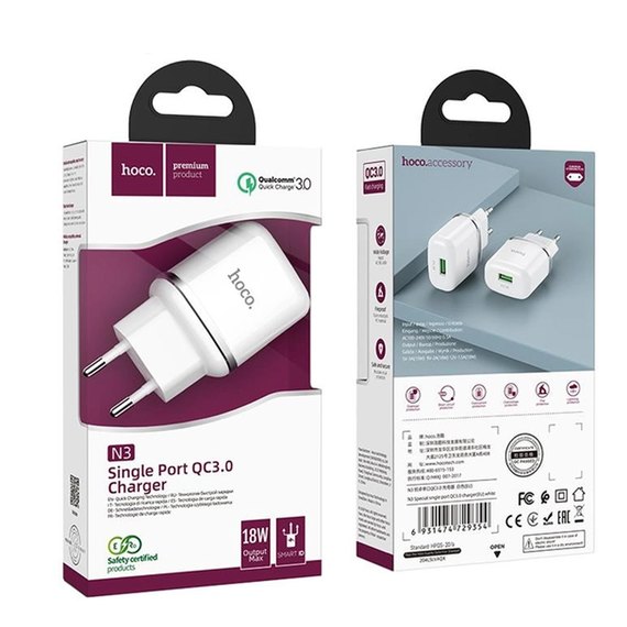 Зарядное устройство Hoco Special FCP, AFC N3 1USB, 18W/3A, QC3.0 Safety Certified White (000006224), зображення 4