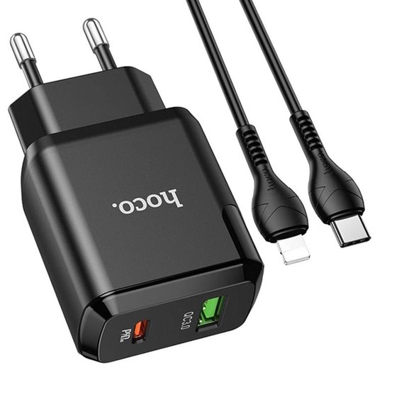 Зарядное устройство Hoco Type-C to Lightning Cable Favor dual port N5 1USB/1Type-C, PD20W/QC3.0, 3A Safety Certified Black (000006752), Цвет: Black, изображение 3