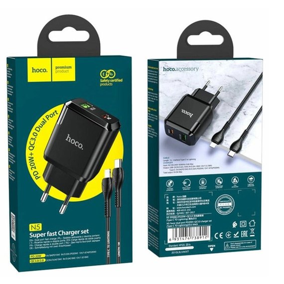 Зарядное устройство Hoco Type-C to Lightning Cable Favor dual port N5 1USB/1Type-C, PD20W/QC3.0, 3A Safety Certified Black (000006752), Цвет: Black, изображение 5