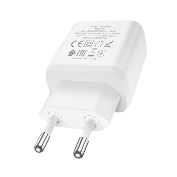 Зарядное устройство Hoco Type-C to Lightning Cable Favor dual port N5 1USB/1Type-C, PD20W/QC3.0, 3A Safety Certified White (000006865), Цвет: White, изображение 2