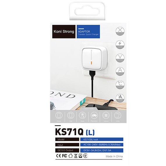 Зарядное устройство Koni Strong Lightning cable KS71Q (L) 1USB, 3A, QC White (000006685), изображение 2