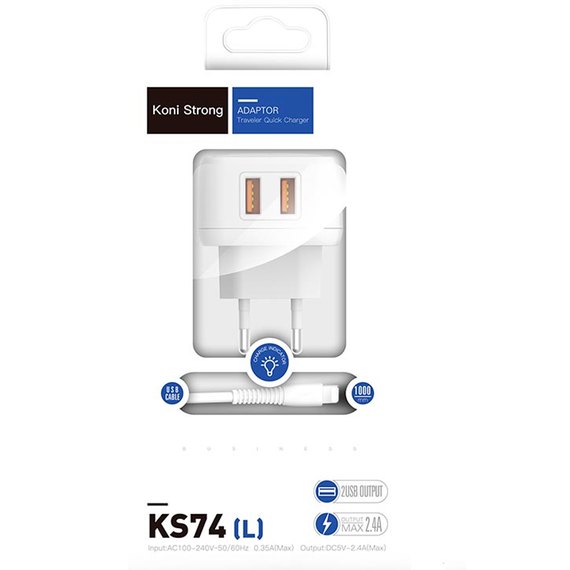 Зарядное устройство Koni Strong Lightning Cable KS74 (L) 2USB, 2.4A White (000006690)