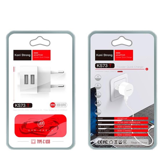 Зарядное устройство Koni Strong Type-C cable KS73T 2USB, 2.4A White (000006683), изображение 3