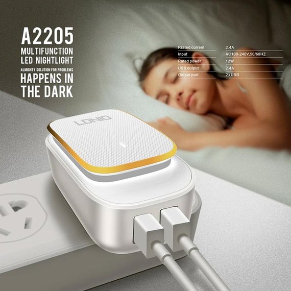 Зарядний пристрій Ldnio Type-C USB Cable Touch Light A2205 2USB, 2.4A White (000005659), зображення 4