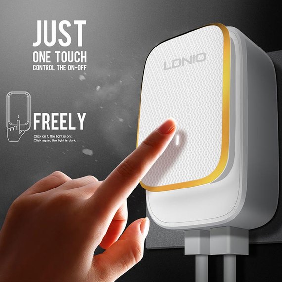 Зарядний пристрій Ldnio Type-C USB Cable Touch Light A2205 2USB, 2.4A White (000005659), зображення 6