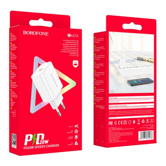 Зарядное устройство Borofone Easy Speed single port charger BA57A Type-C, 20W/3A, PD/QC White (000007891), изображение 6