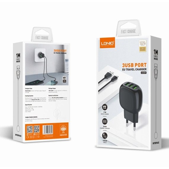 Зарядное устройство Ldnio Micro USB Cable A3309 3USB, 3.4A Black (000007903), изображение 4