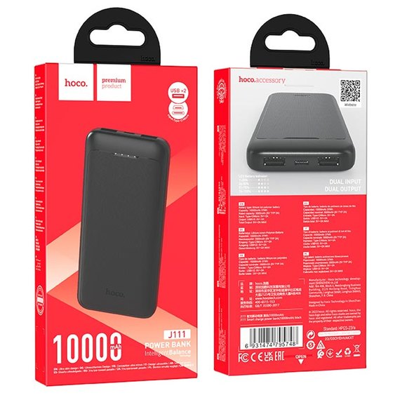 Повербанк HOCO Smart charge J111 10000 mAh Black (000010264), Ёмкость: 10 000 mAh, Цвет : Чёрный, изображение 4