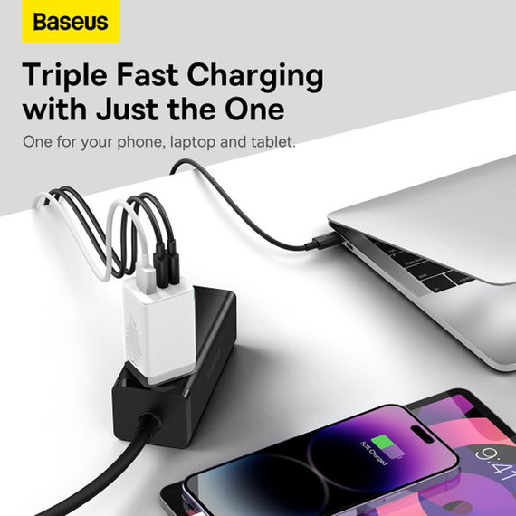 Зарядное устройство Baseus Type-C to Typc-C cable Gan5 Pro Fast Charger 1USB/2Type-C, PD/QC, 65W/3A White (000009128), изображение 3