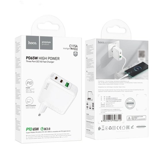 Зарядное устройство Hoco Type-C to Type-C cable Header three-port C115A 1USB/2Type-C, 65W/3A, PD/QC White (000010254), изображение 9