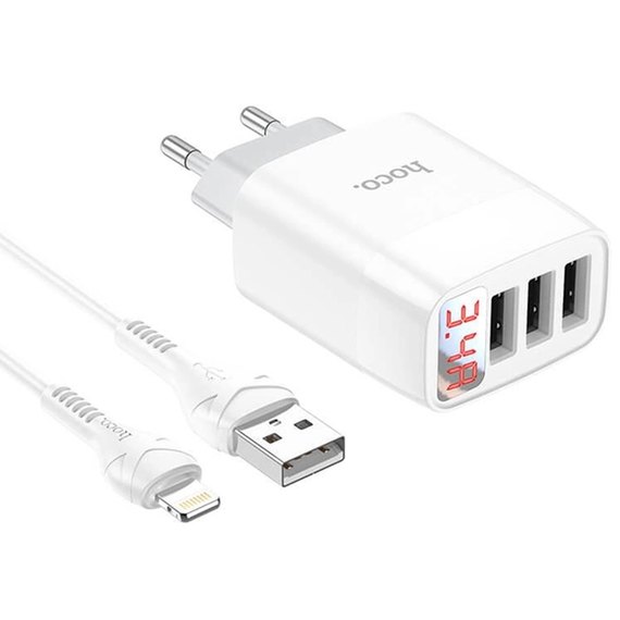 Зарядний пристрій Hoco Lightning cable Easy charge digital display charger set C93A 3USB, 3.4A White (000008523), зображення 2