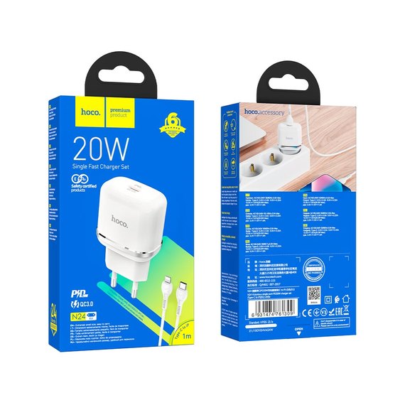 Зарядний пристрій  Hoco Type-C to Lightning Cable Victorious single port charger set N24 1Type-C, 20W/3A, PD/QC White (000008532), Колір: White, зображення 5
