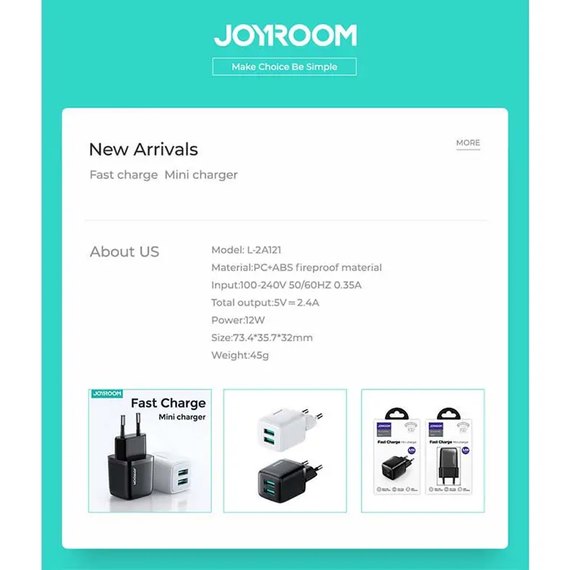 Зарядное устройство JOYROOM Mini dual Port smart fast charge L-2A121 2USB, 2.4A Black (000008059), Цвет: Black, изображение 6