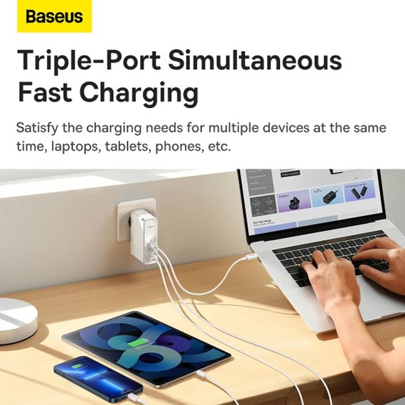 Зарядное устройство Baseus Type-C to Typc-C cable Gan5 Pro Fast Charger 1USB/2Type-C, PD/QC, 140W/5A White (000009126), изображение 2