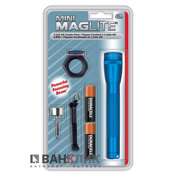 Фонарь Mini Maglite AA (голубой), карманный клип, наручный шнурок, держатель (M2A11CR), изображение 2