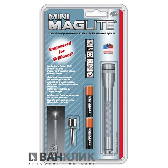 Фонарь Mini Maglite AAA (серый), карманный клип и 2 батареи (M3А096R), изображение 2