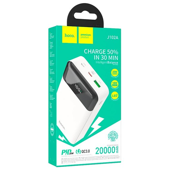 Повербанк HOCO Cool figure J102A 20000 mAh 20W White (6931474783639), Ёмкость: 20 000 mAh, Цвет : Белый, изображение 4