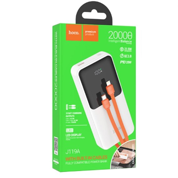 Повербанк HOCO Sharp J119A 20000 mAh 22.5W+PD20 White (6942007606127), Ёмкость: 20 000 mAh, Цвет : Белый, изображение 4