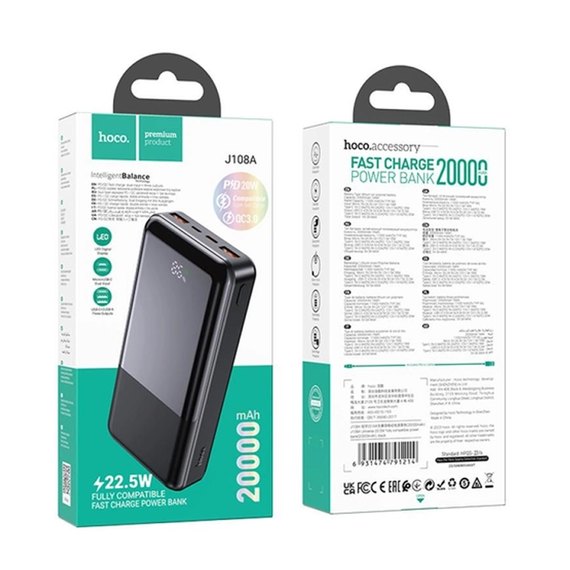 Повербанк HOCO Universe J108A 20000 mAh 22.5W Black (6931474791214), Ёмкость: 20 000 mAh, Цвет : Чёрный, изображение 7