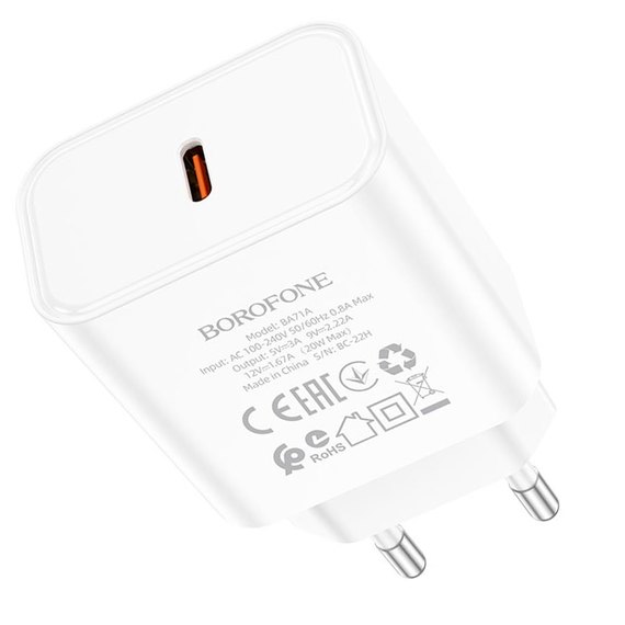 Зарядний пристрій Borofone Power single port charger BA71A 1Type-C, 20W/3A, PD/QC White (000009198), Колір: White, зображення 2