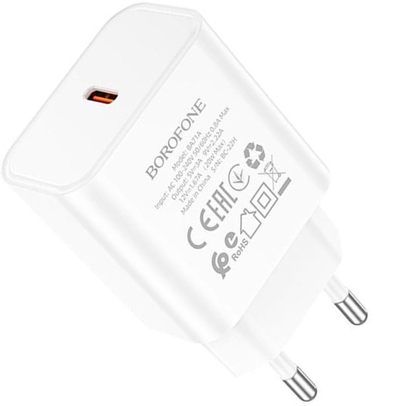 Зарядное устройство Borofone Type-C to Lightning Cable Power single port charger set BA71A 1Type-C, 20W/3A, PD/QC White (000009201), Цвет: White