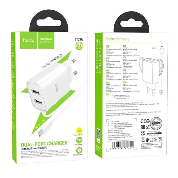 Зарядний пристрій  Hoco Lightning Cable Courser dual-port charger C103A 2USB, 2.1A White (000009075), зображення 6