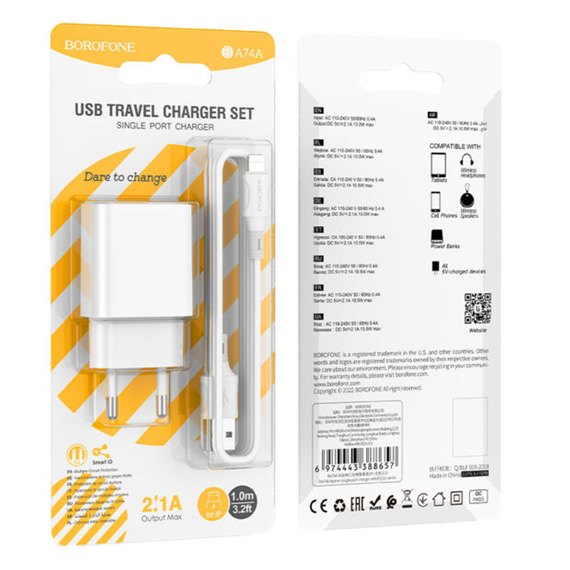 Зарядное устройство Borofone Lightning Cable Aspirer single port charger set BA74A 1USB, 2.1A White (000009203), изображение 10