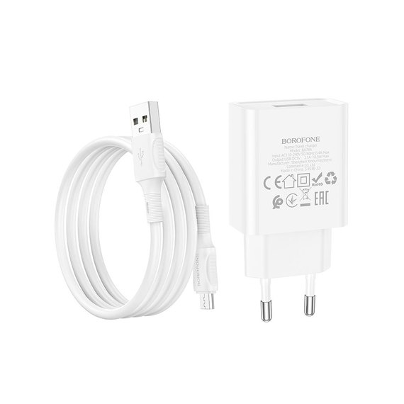 Зарядное устройство Borofone Lightning Cable Aspirer single port charger set BA74A 1USB, 2.1A White (000009203), изображение 5