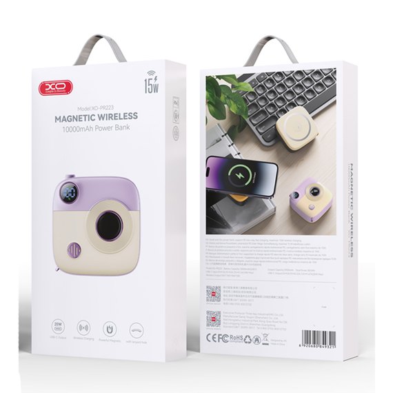Повербанк XO PR223 Magnetic 15W mini camera digital display 10000 mAh Purple/White (6920680849277), Цвет : Purple/White, изображение 6
