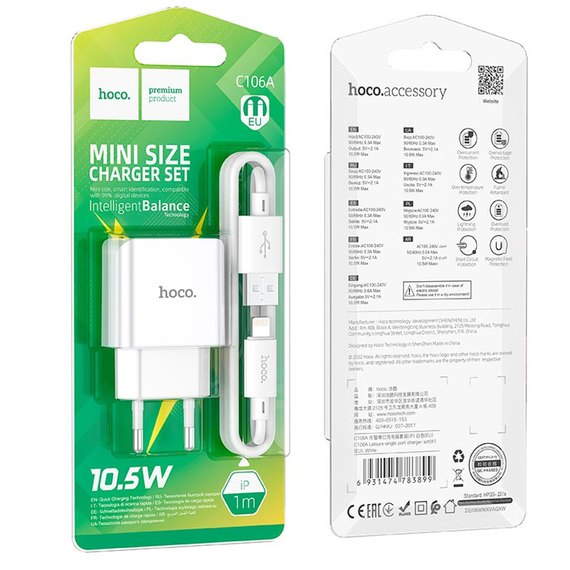Зарядное устройство Hoco Lightning Cable Leisure single port charger C106A 1USB, 10.5W/2.1A White (000009185), изображение 8