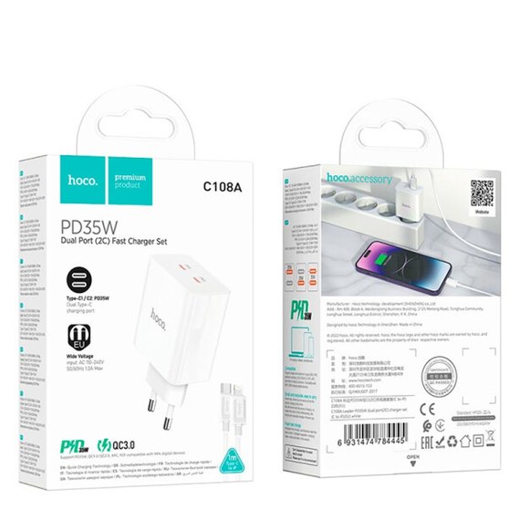 Зарядное устройство Hoco Type-C to Lightning Cable Leader dual port (2C) charger C108A 2Type-C, 35W/3A, PD/QC White (000009189), изображение 10