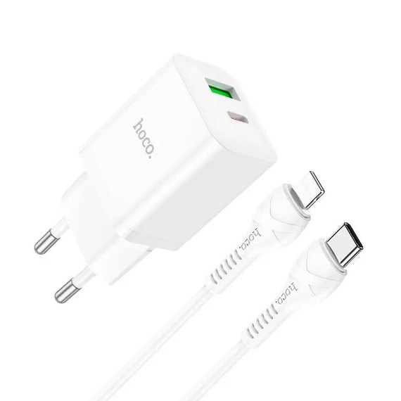 Зарядное устройство Hoco Type-C to Lightning Cable founder charger set N28 1USB/1Type-C, 20W/3A, PD/QC White (000009416), Цвет: White, изображение 2