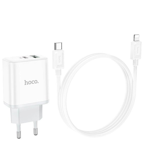 Зарядное устройство Hoco Type-C to Lightning Cable Stage dual Port charger set C105A 1USB/1Type-C, 20W/3A, PD/QC White (000009295), изображение 2