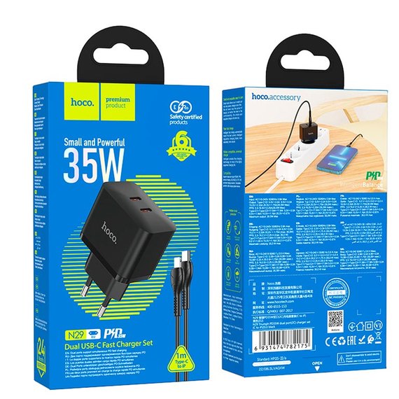 Зарядное устройство Hoco Type-C to Lightning Cable Triumph charger set N29 2Type-C, 35W/3A, PD/QC Black (000009465), Цвет: Black, изображение 5