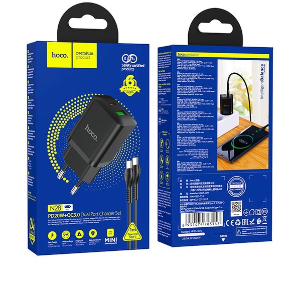 Зарядное устройство Hoco Type-C to Type-C Cable founder charger set N28 1USB/1Type-C, 20W/3A, PD/QC Black (000009509), Цвет: Black, изображение 5