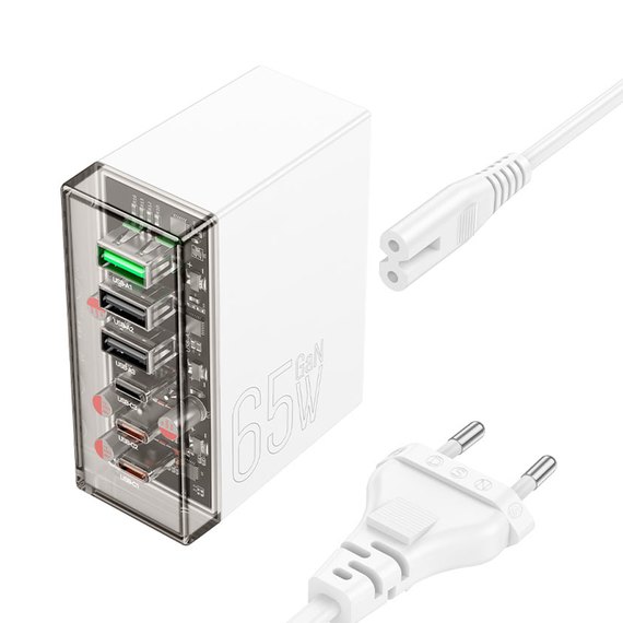 Зарядное устройство Hoco Fuerza six-port charger N36 3USB/3Type-C, 65W/3A, PD/QC Transparent/Black (000010353), изображение 3