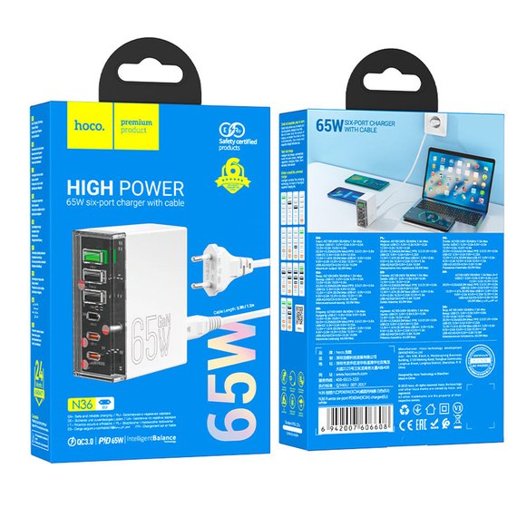Зарядное устройство Hoco Fuerza six-port charger N36 3USB/3Type-C, 65W/3A, PD/QC Transparent/Black (000010353), изображение 9