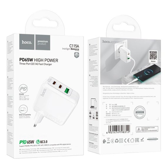 Зарядное устройство Hoco Header three-port C115A 1USB/2Type-C, 65W/3A, PD/QC White (000009984), изображение 7