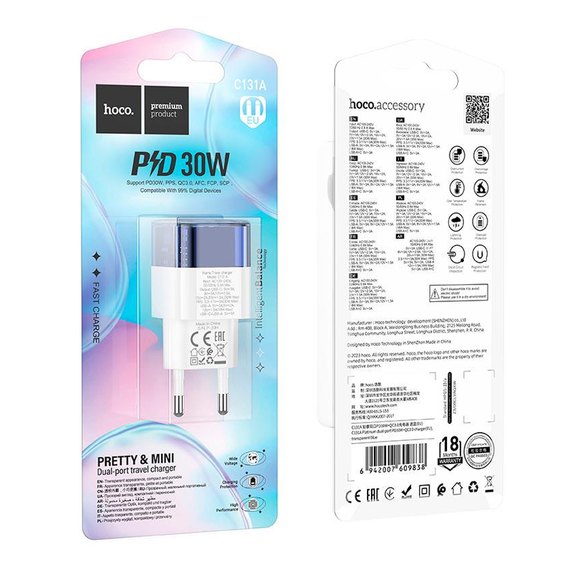 Зарядное устройство Hoco Platinum dual-port C131A 1USB/1Type-C, 30W/3A, PD/QC Transparent/Blue (000010366), Цвет: Blue/White, изображение 4