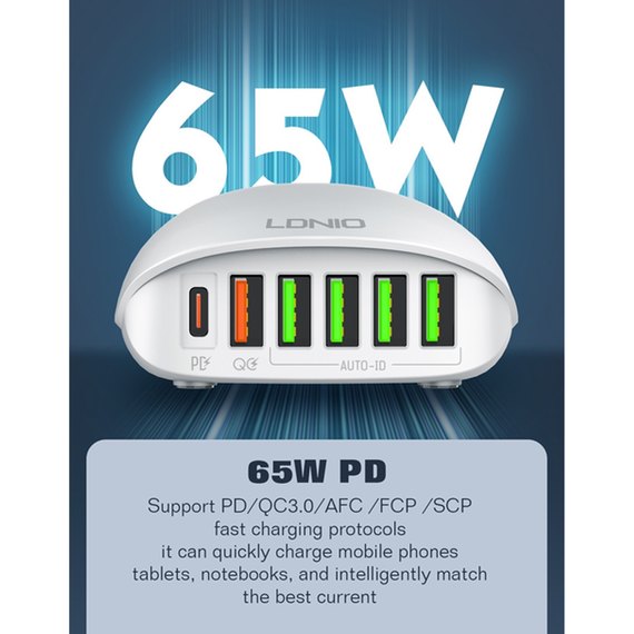 Зарядное устройство Ldnio A6573C 5USB/1Type-C, PD65W/QC3.0 White (000009545), изображение 2