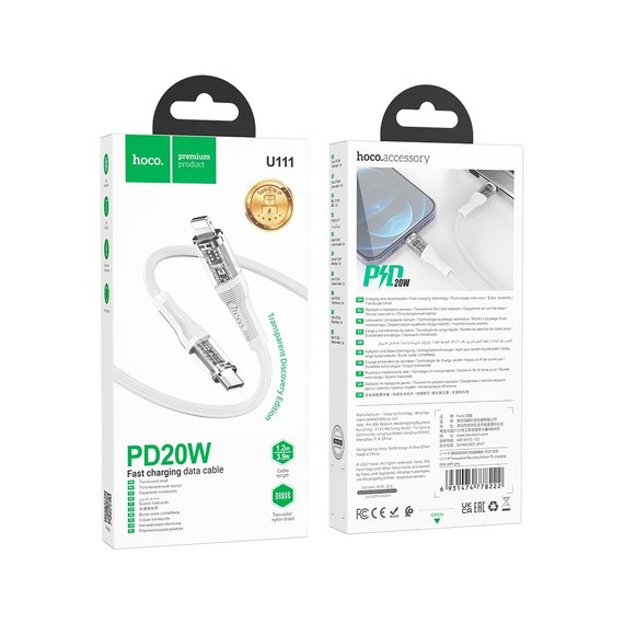 Кабель Hoco Type-C to Lightning Transparent Discovery Edition PD charging data cable U111 1.2m, 20W Grey (000009312), изображение 3