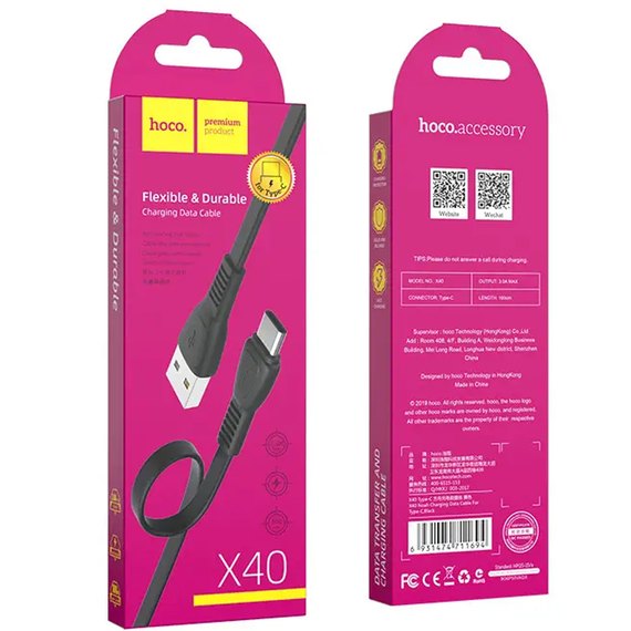 Кабель Hoco Type-C TPE Flat Noah X40 1m, 2.4A Black (000003445), изображение 2