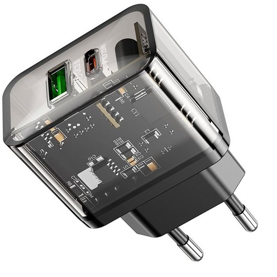 Зарядное устройство Hoco Dazzling dual-port N34 1USB/1Type-C, 20W/3A, PD/QC Transparent/Black (000009990)