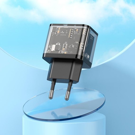Зарядное устройство Hoco Dazzling dual-port N34 1USB/1Type-C, 20W/3A, PD/QC Transparent/Black (000009990), изображение 6